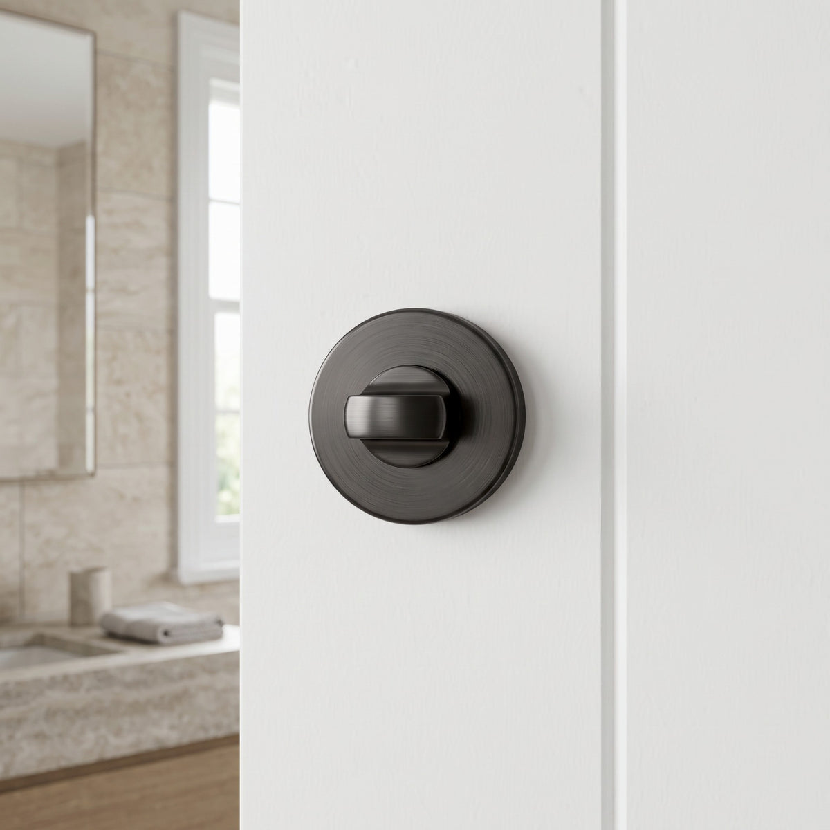 Prague Door Lock in Brushed Gunmetal on an interior door