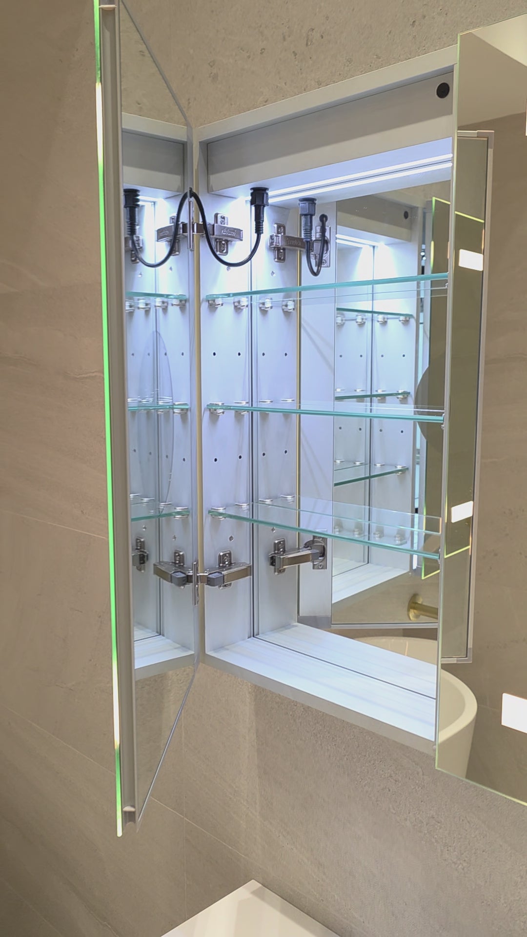Frameless LED mirror cabinet with demister and adjustable glass shelves