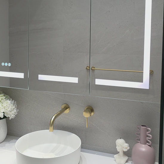 Video demonstration of close up of frameless LED bathroom mirror cabinet