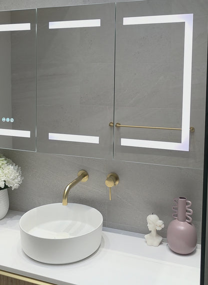 Video demonstration of close up of frameless LED bathroom mirror cabinet