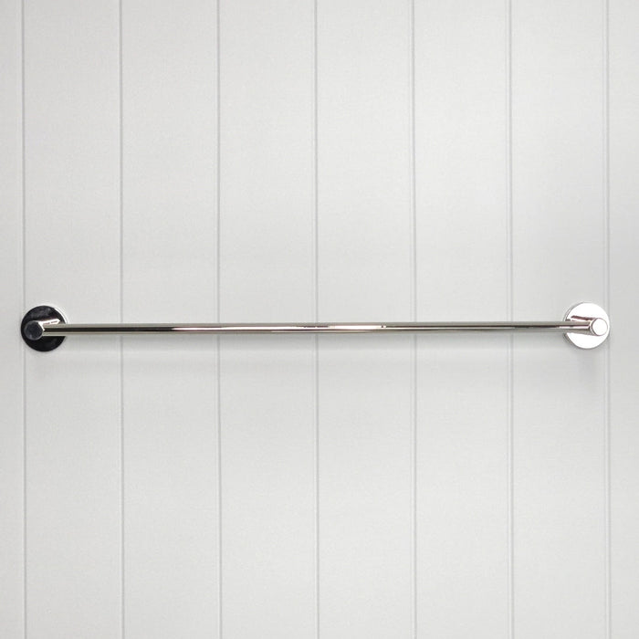 Provence 600mm Single Towel Rail in Chrome, front view of the rail and round mounts, white vertical-panelled wall