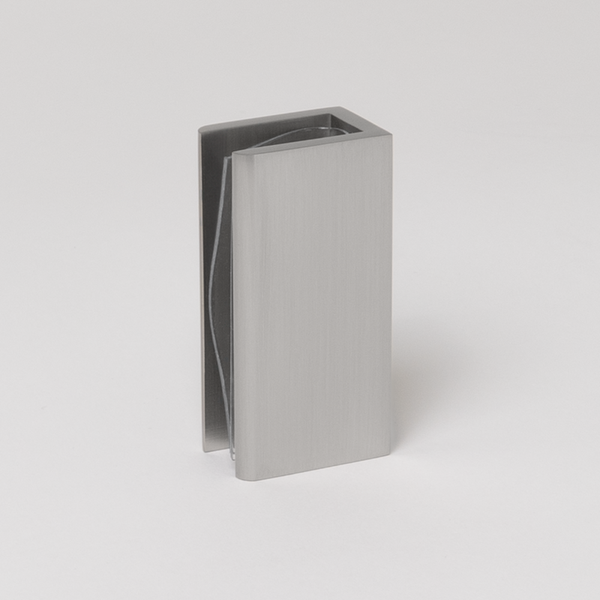 Rhodes Shower Glass Clamp in Brushed Nickel, three-quarter view of the U-shaped clamp on a plain white background