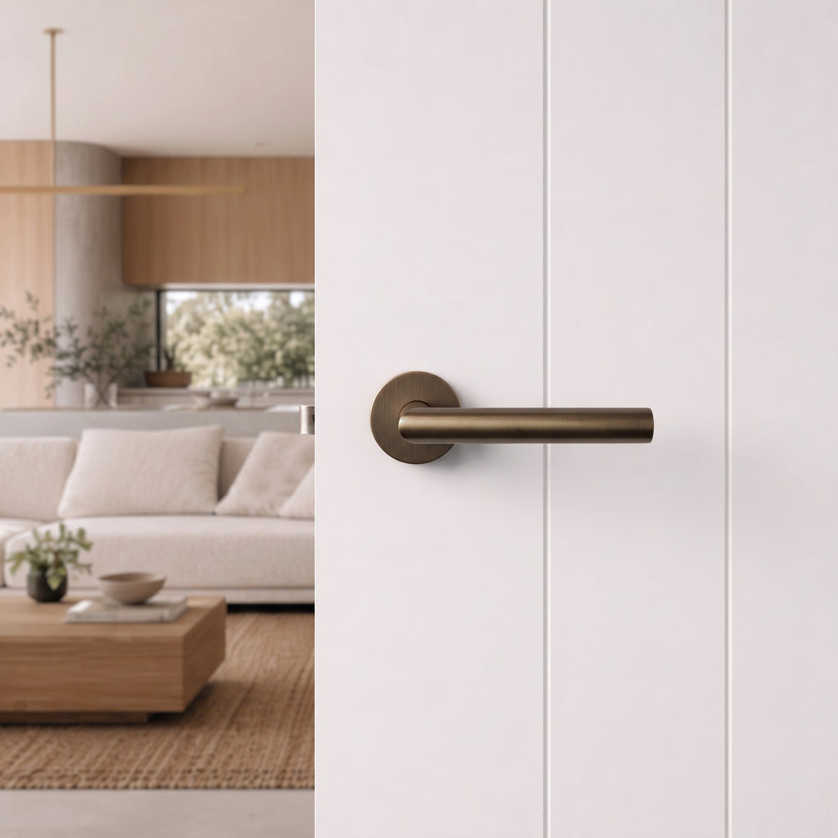 Santorini Door Handle in Antique Brass on an interior door