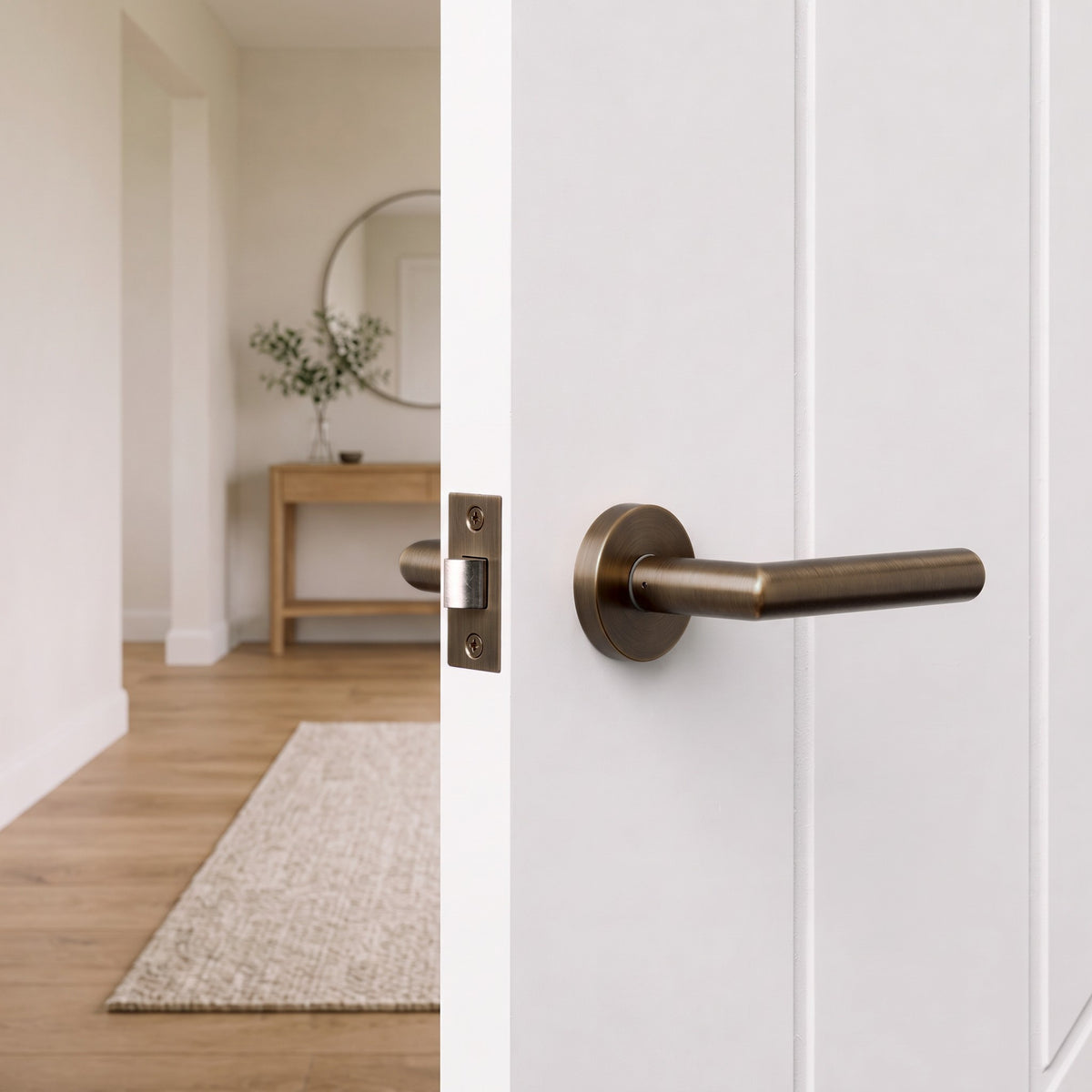 Santorini Door Handle in Antique Brass on an interior door