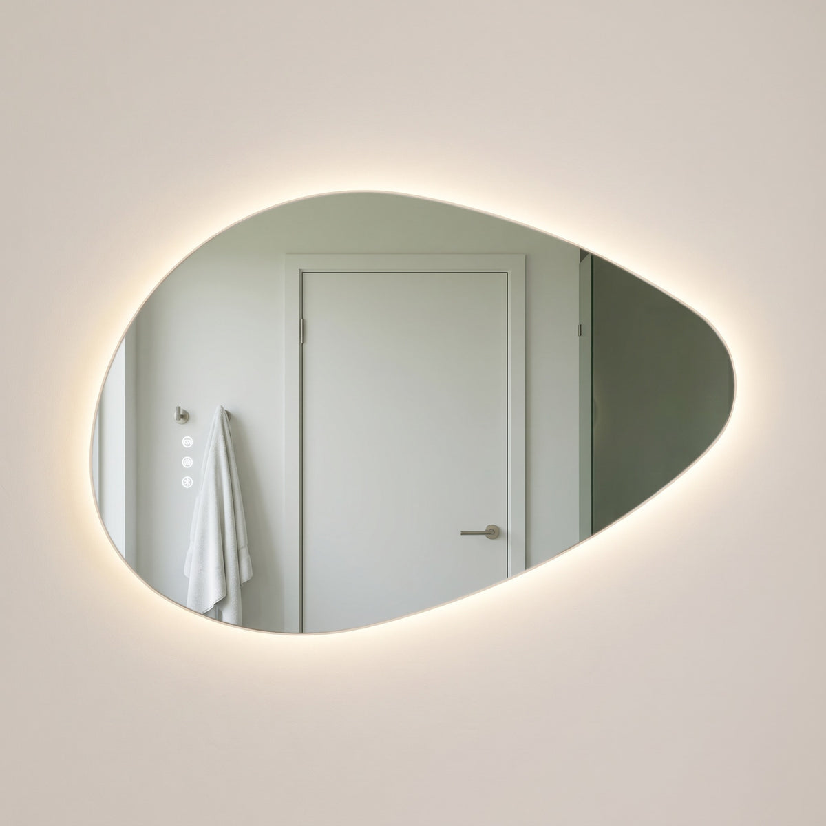 The Sorrento frameless backlit LED mirror, 800 x 550mm, straight-on with a warm LED halo and three touch controls on the glass