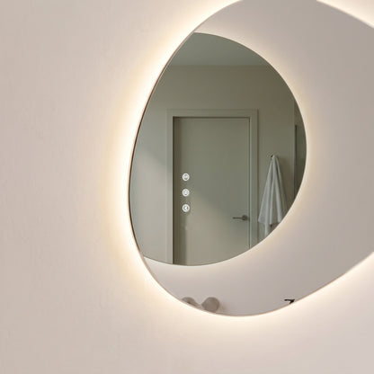 The Sorrento frameless backlit LED mirror, 800 x 550mm, close-up of the light, demister and Bluetooth touch controls