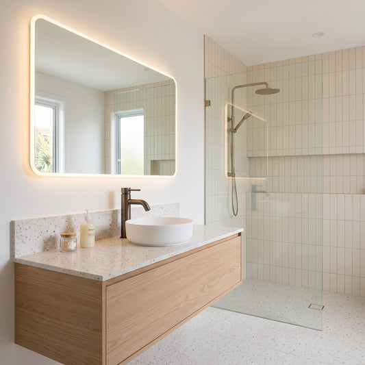 Vienna Short Basin Mixer in Antique Brass, on a terrazzo-topped oak vanity with a backlit mirror and shower
