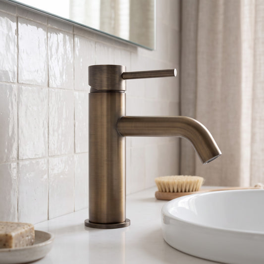 Vienna Short Basin Mixer in Antique Brass, close-up beside a white basin against white zellige-look tiles