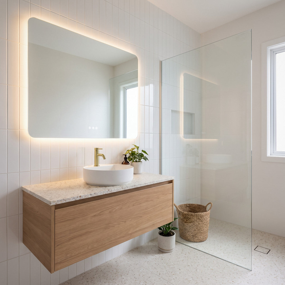 Vienna Short Basin Mixer in Brushed Brass in a bathroom