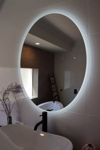  Inviting Feel in White Glossy Tiled Bathroom with Lighted Backlit LED Mirror
