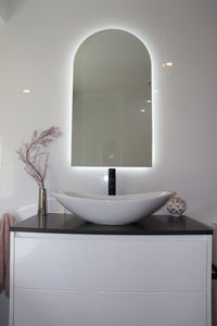 InVogue Arch-shaped Backlit LED Mirror in White Bathroom Vanity with Black Accents