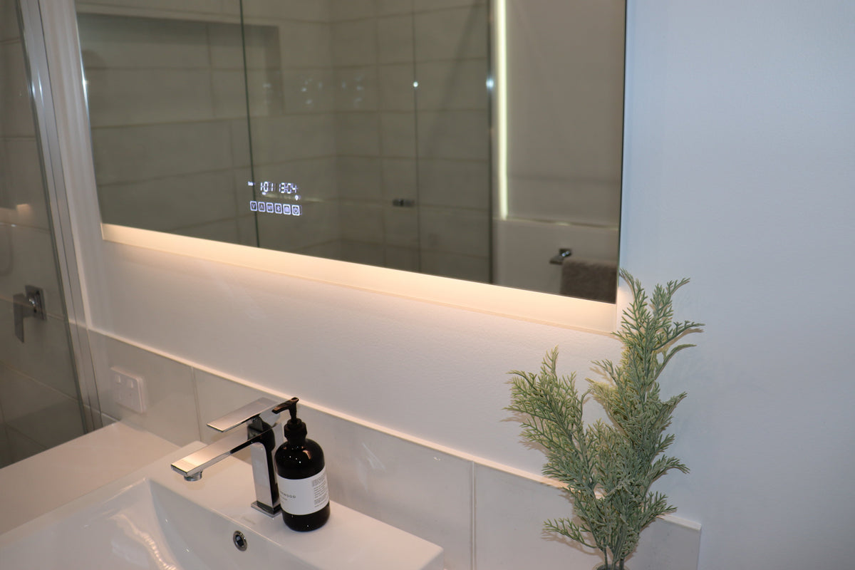 Mesmerizing Illumination of InVogue Large LED Mirror's Warm White Light on White Countertop
