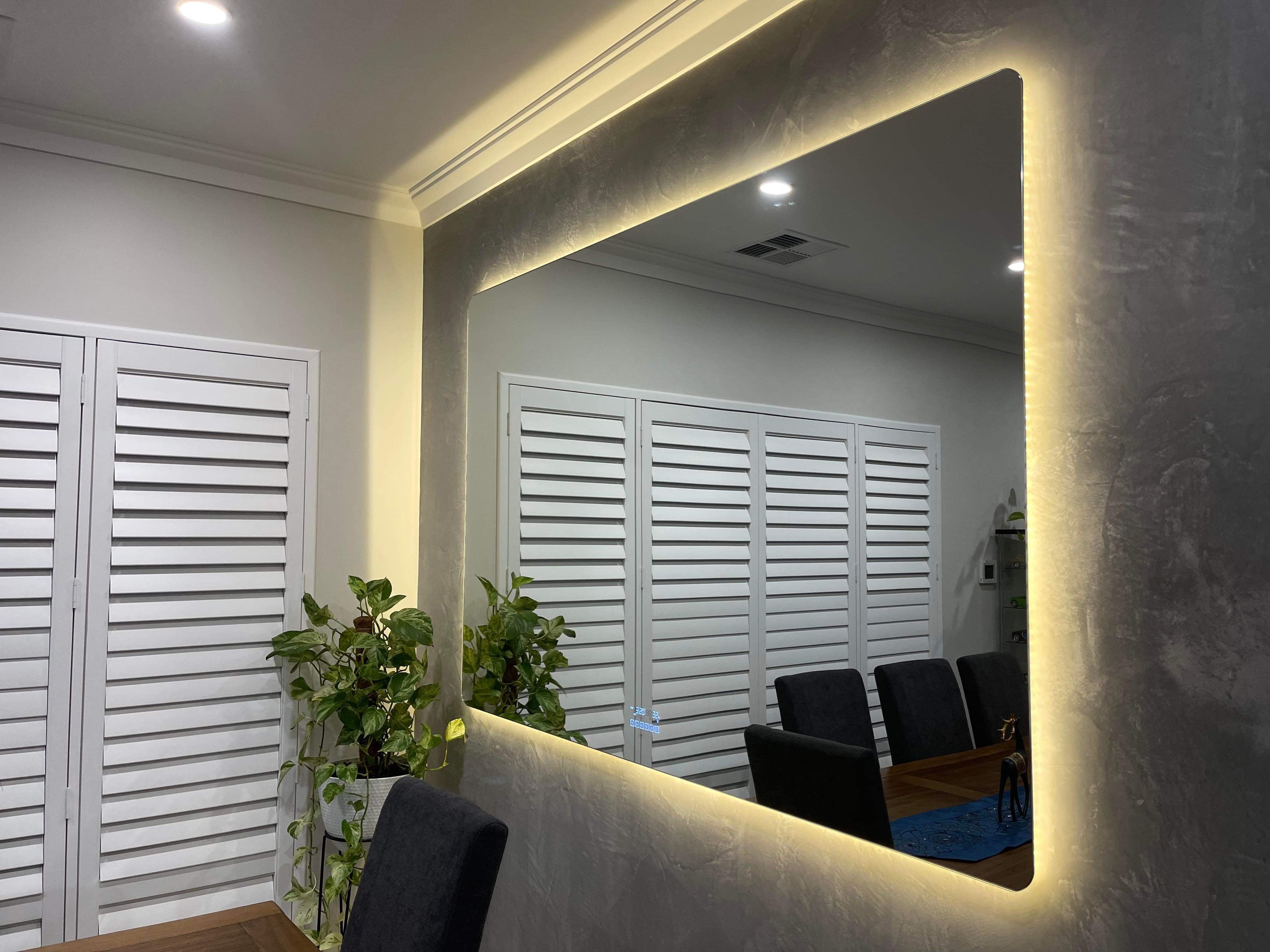 Large Smart LED Mirror in Grey and White Dining Room