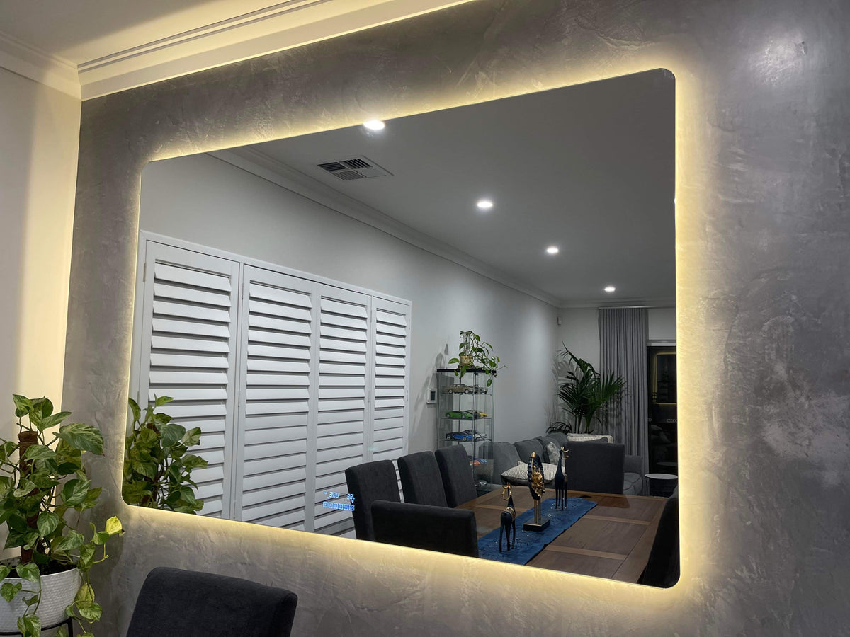 Large Smart Backlit LED Mirror on Warm White Mode in Grey and White Dining Room"